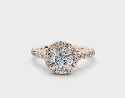 18K Gold Half Pavé Halo and Shank Diamond Engagement Ring 1 Carat - Rose Gold#Material_Rose Gold#