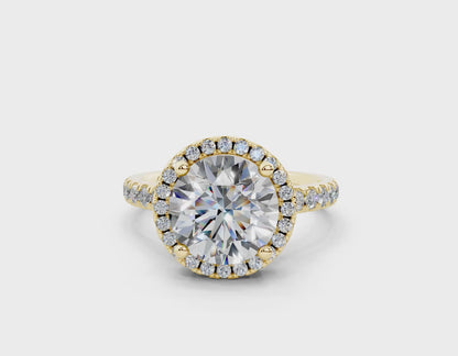 18K Gold Half Pavé Halo and Shank Diamond Engagement Ring 2.5 Carat