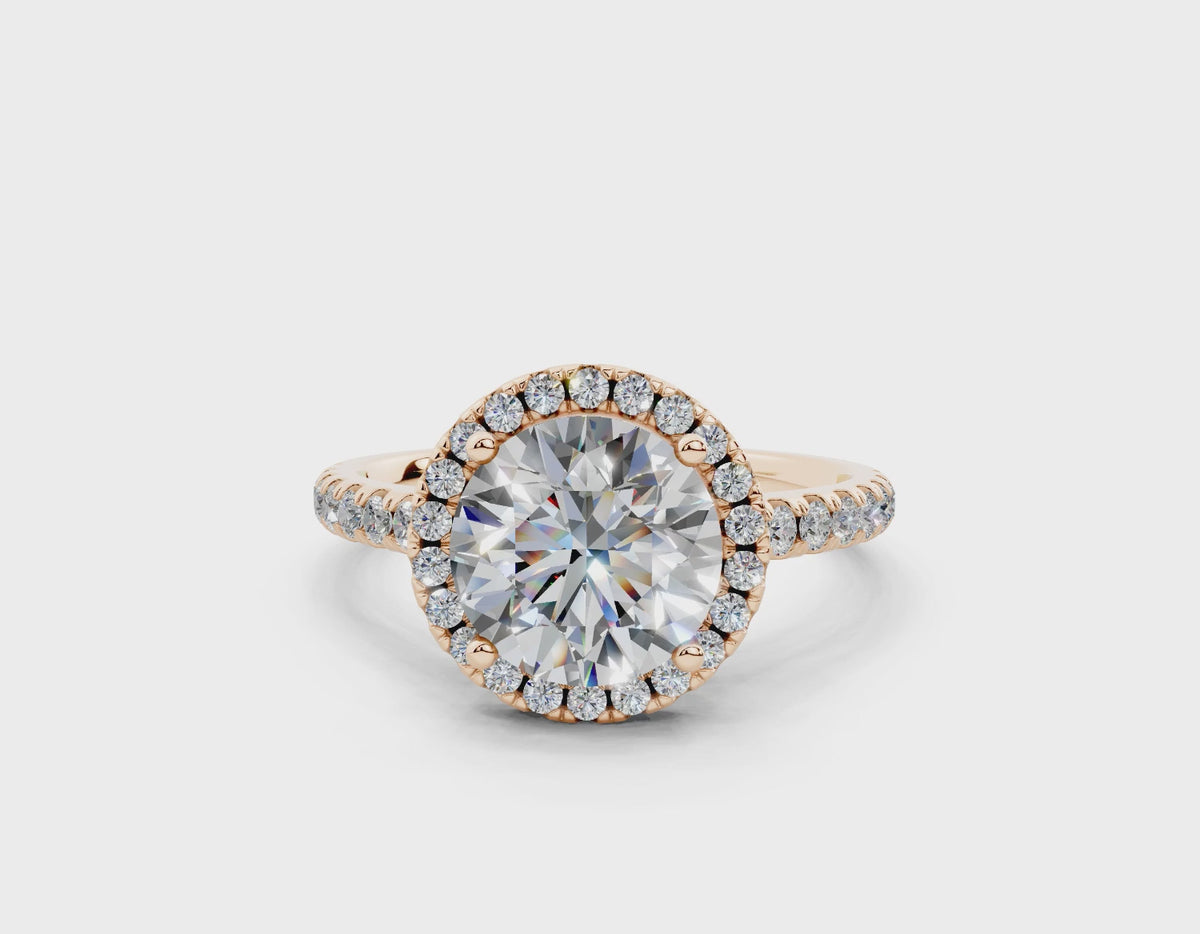 18K Gold Half Pavé Halo and Shank Diamond Engagement Ring 2 Carat - Rose Gold#Material_Rose Gold#