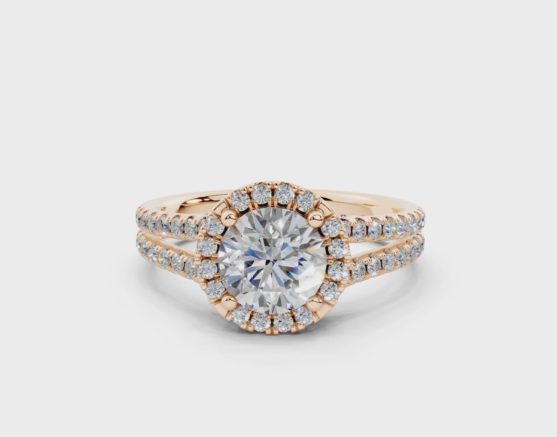 18K Gold Half Pavé Round Split Band Halo Diamond Engagement Ring 1 Carat - Rose Gold#Material_Rose Gold#