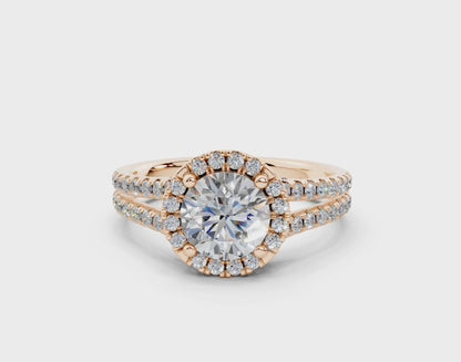 18K Gold Half Pavé Round Split Band Halo Diamond Engagement Ring 1 Carat
