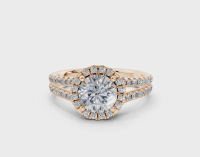 18K Gold Half Pavé Round Split Band Halo Diamond Engagement Ring 1 Carat - Rose Gold#Material_Rose Gold#